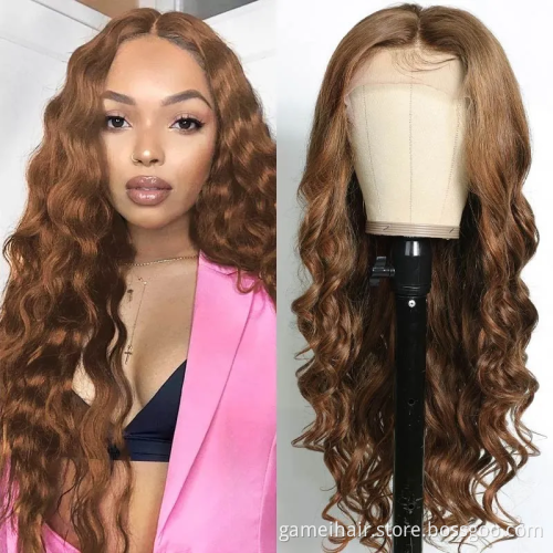 wholesale high quality natural brazilian Auburn Brown Hair Color closure Lace 100%  virgin transparent  body Wave human hair wig